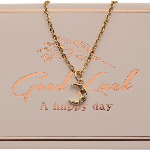 Gold 45cm Moon Pendant Necklace with Adjustable Chain for Women - Picture 1 of 2